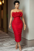 Strapless 3D Flower Ruched Cinch Waist Slim Fit Maxi Dresses-Red
