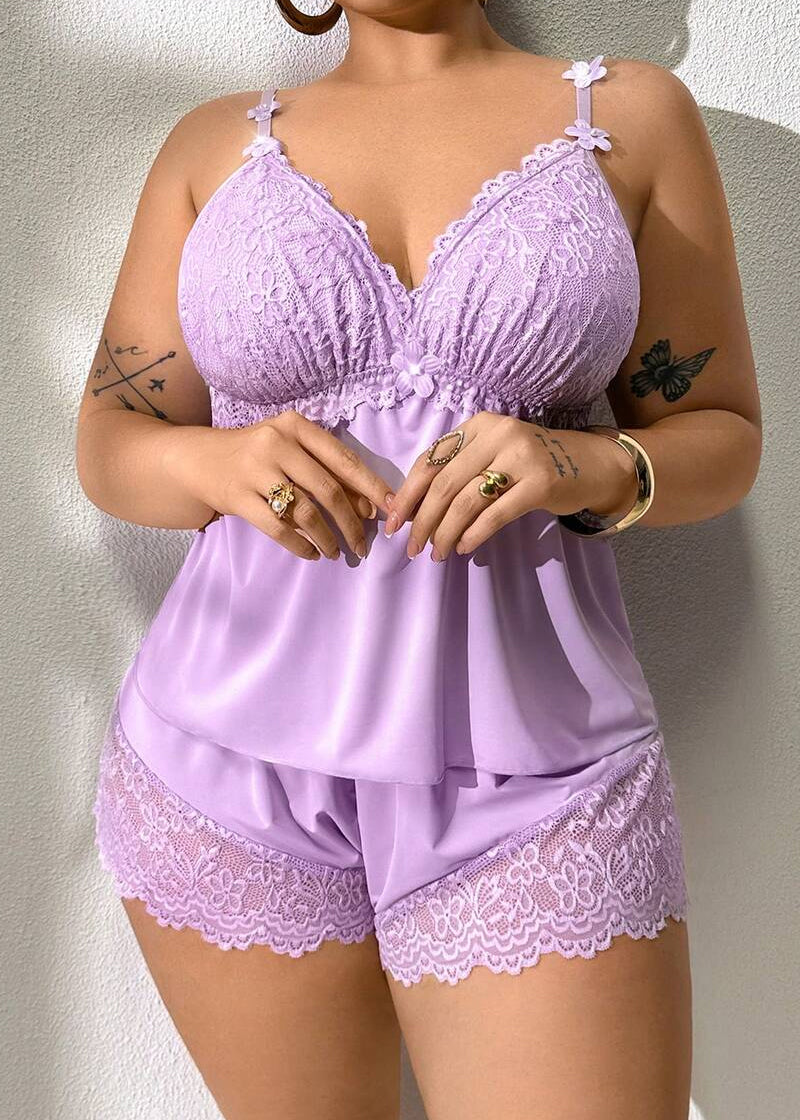 Plus Size Lace Satin Cami Pajama Set – Sexy Two-Piece Sleepwear for Women