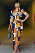 Turndown Collar Short Sleeve Colorblock Maxi Dresses-Multicolor