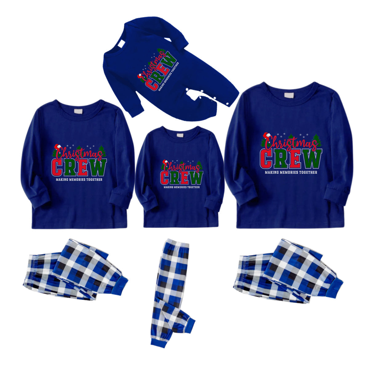 Christmas Family Matching Pajamas-Navy & White Plaid Pjs Set with "Christmas Crew Making Memories Together" Slogan Print