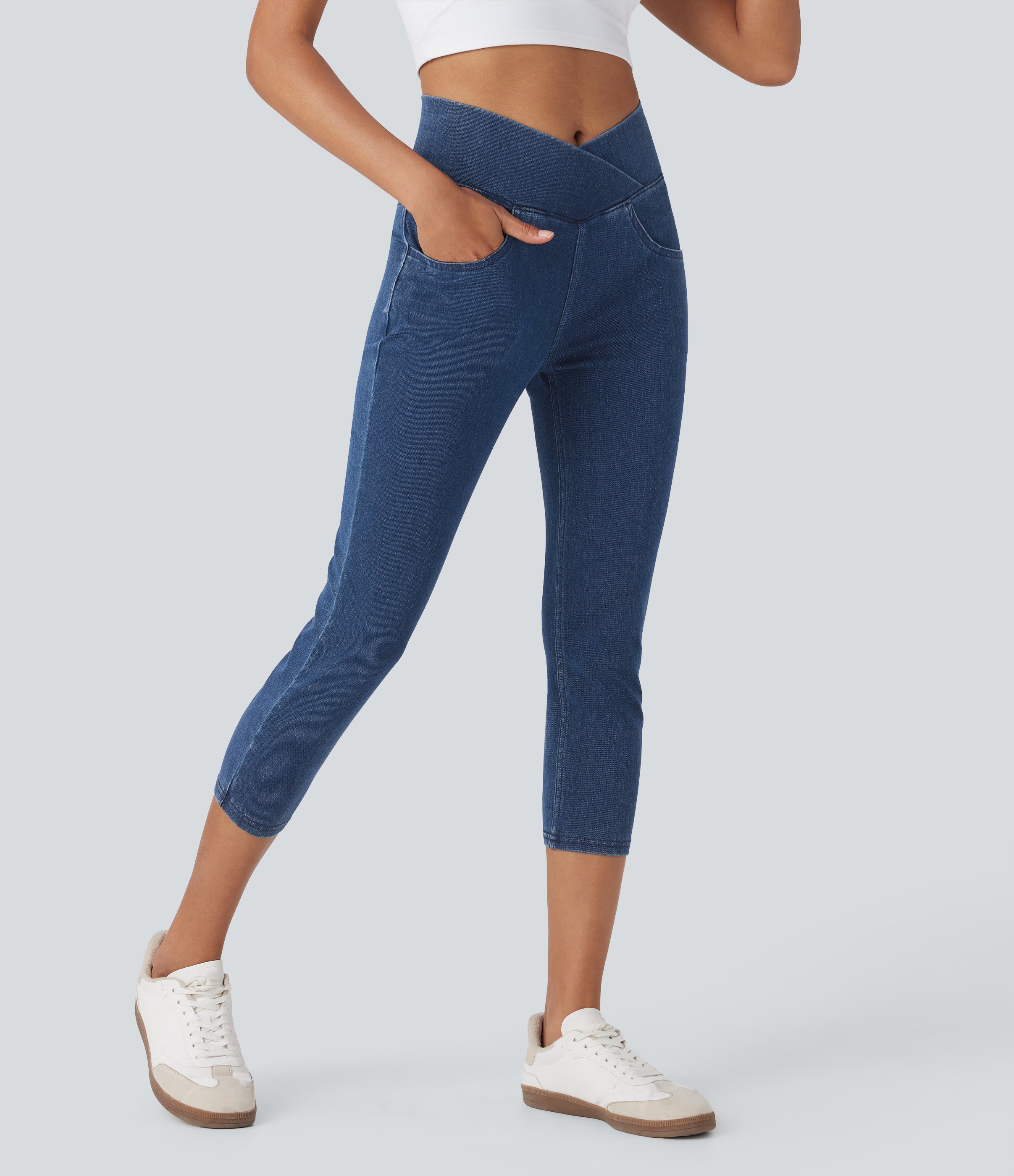 FlexTM Crossover High Waisted Denim Casual Capri Leggings with Pockets