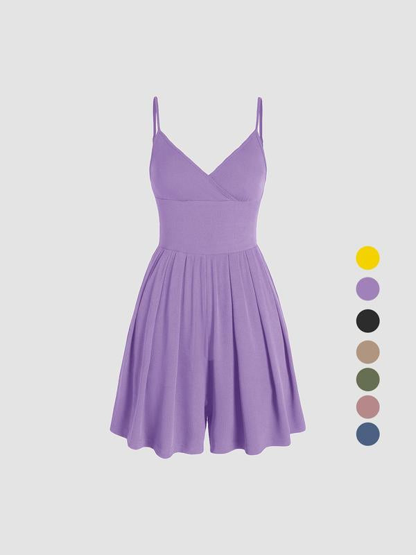 Women's Plain Backless Wrap Cami Romper, Casual Adjustable Spaghetti Strap Wide Leg Romper, Summer Outfits 2025, Ladies Clothes for Daily Wear