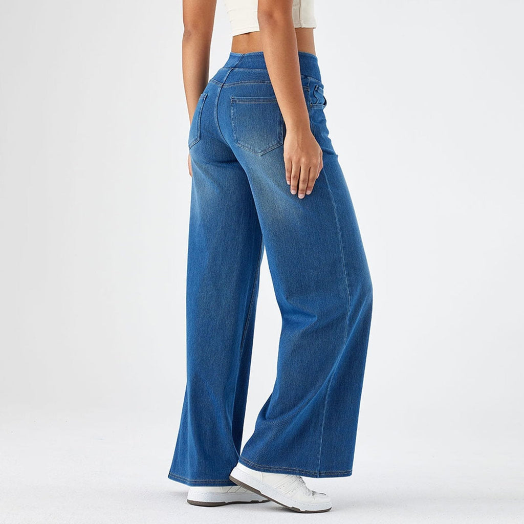 2026🔥 FlexTM High Waisted Multiple Pockets Baggy Wide Leg Washed Stretchy Knit Casual Jeans