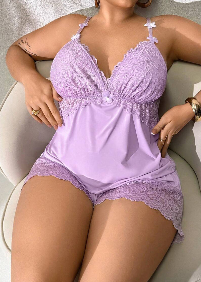 Plus Size Lace Satin Cami Pajama Set – Sexy Two-Piece Sleepwear for Women