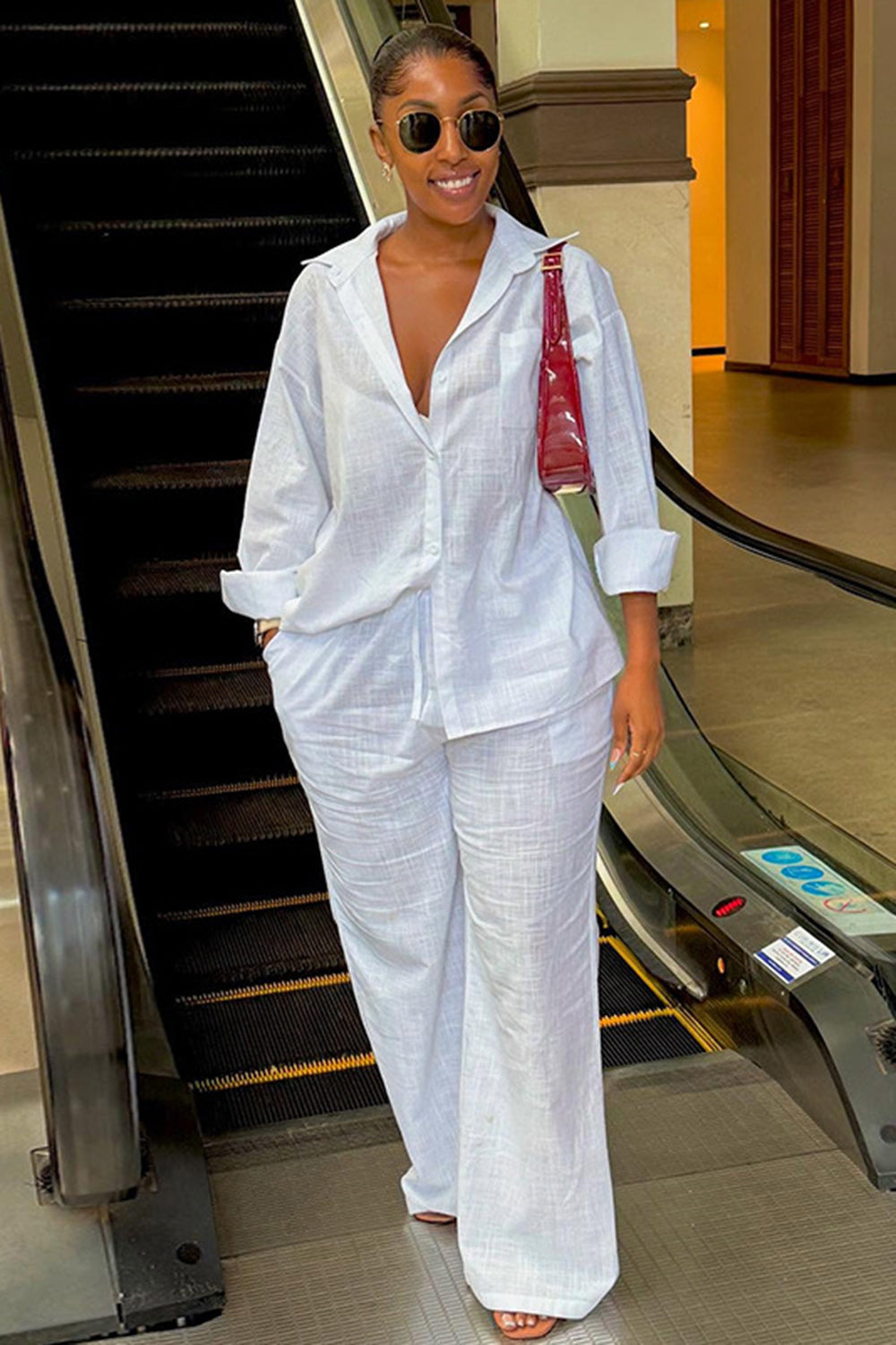 Patch Pocket Turndown Collar Long Sleeve Shirt Wide Leg Pants 2pcs Set-White