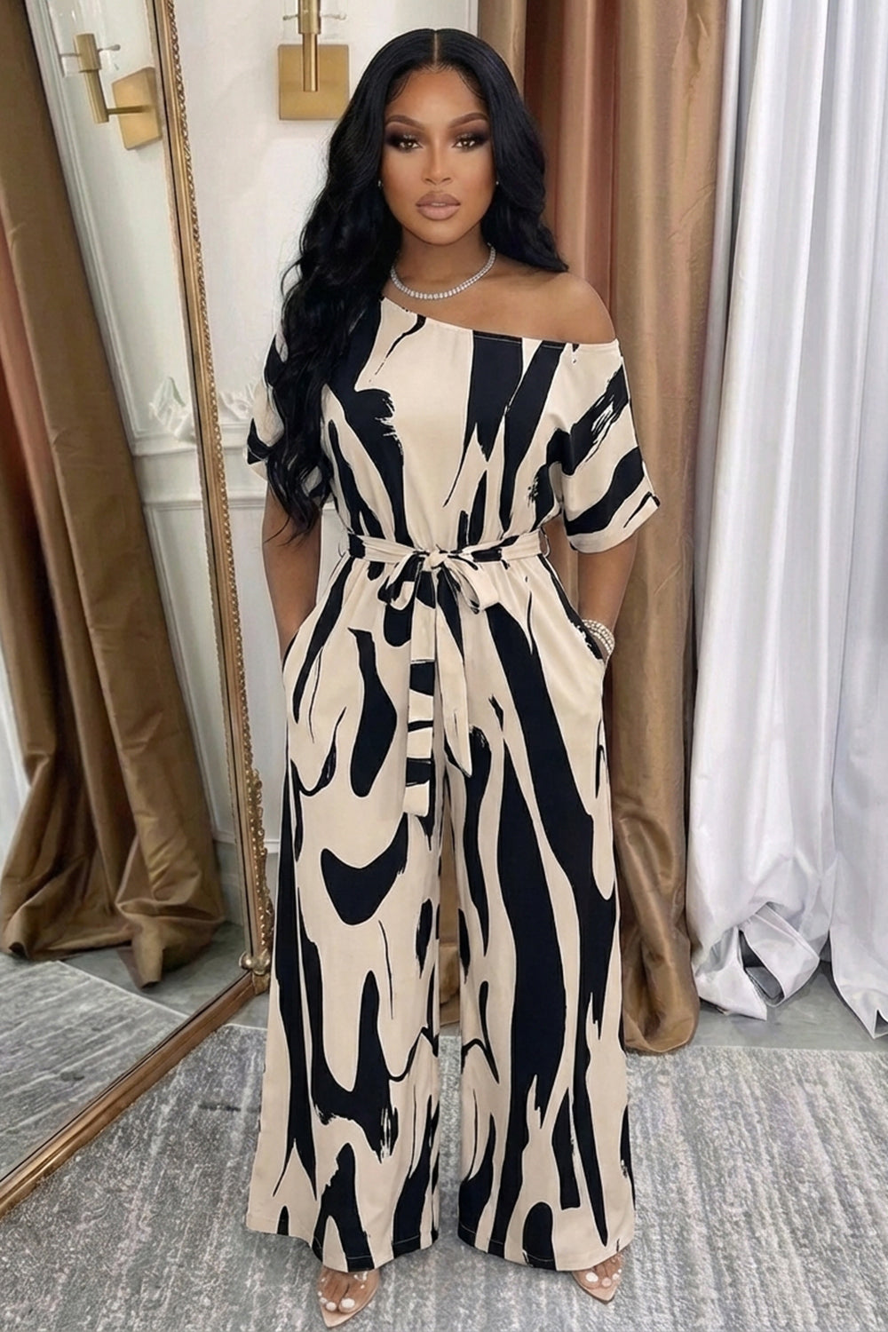 Skew Neck Lace Up Colorblock Wide Leg Casual Jumpsuit-Beige