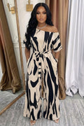 Skew Neck Lace Up Colorblock Wide Leg Casual Jumpsuit-Beige