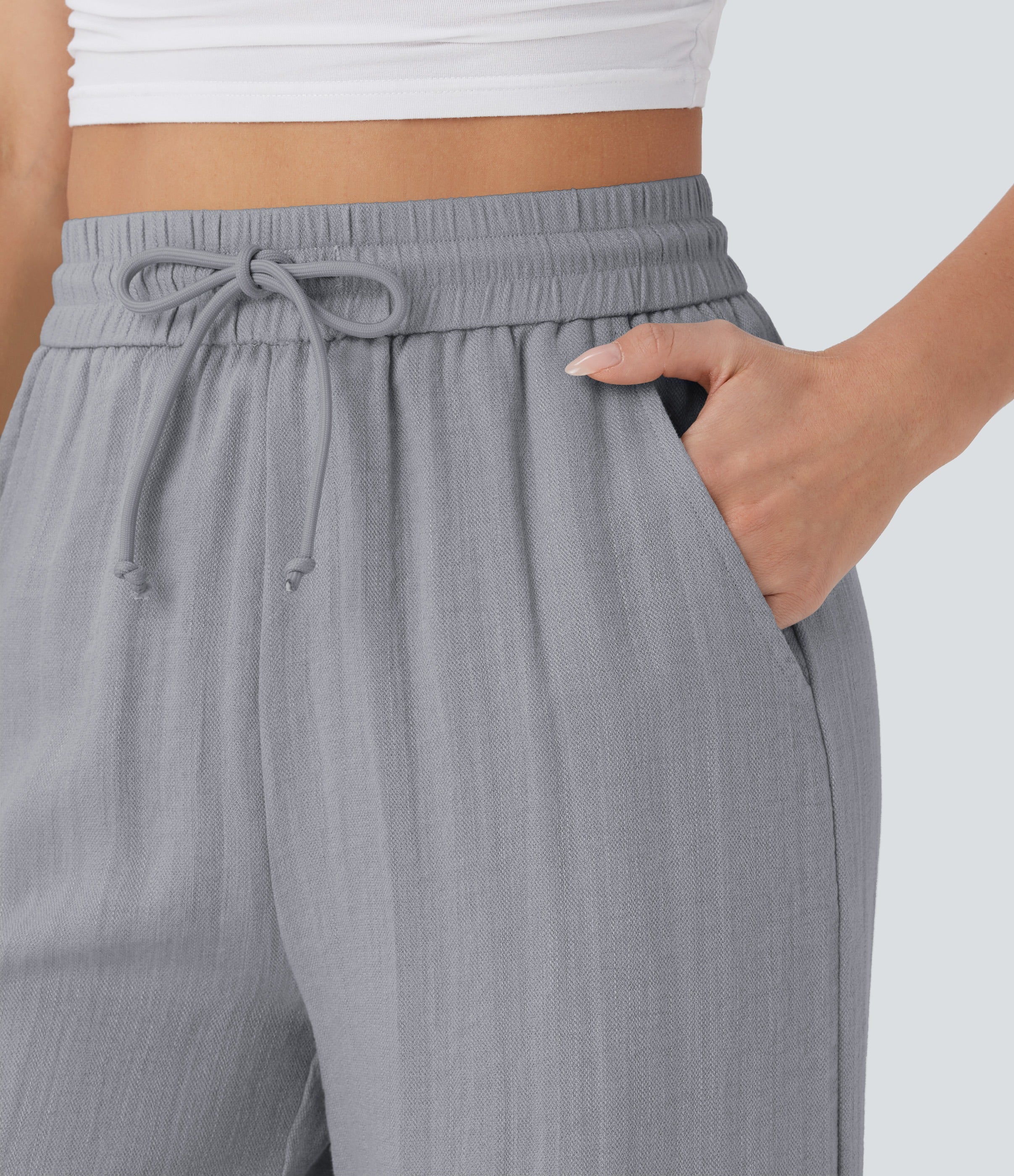 Women Summer High Waisted Drawstring Pocket Wide Leg Casual Linen-Feel Pants