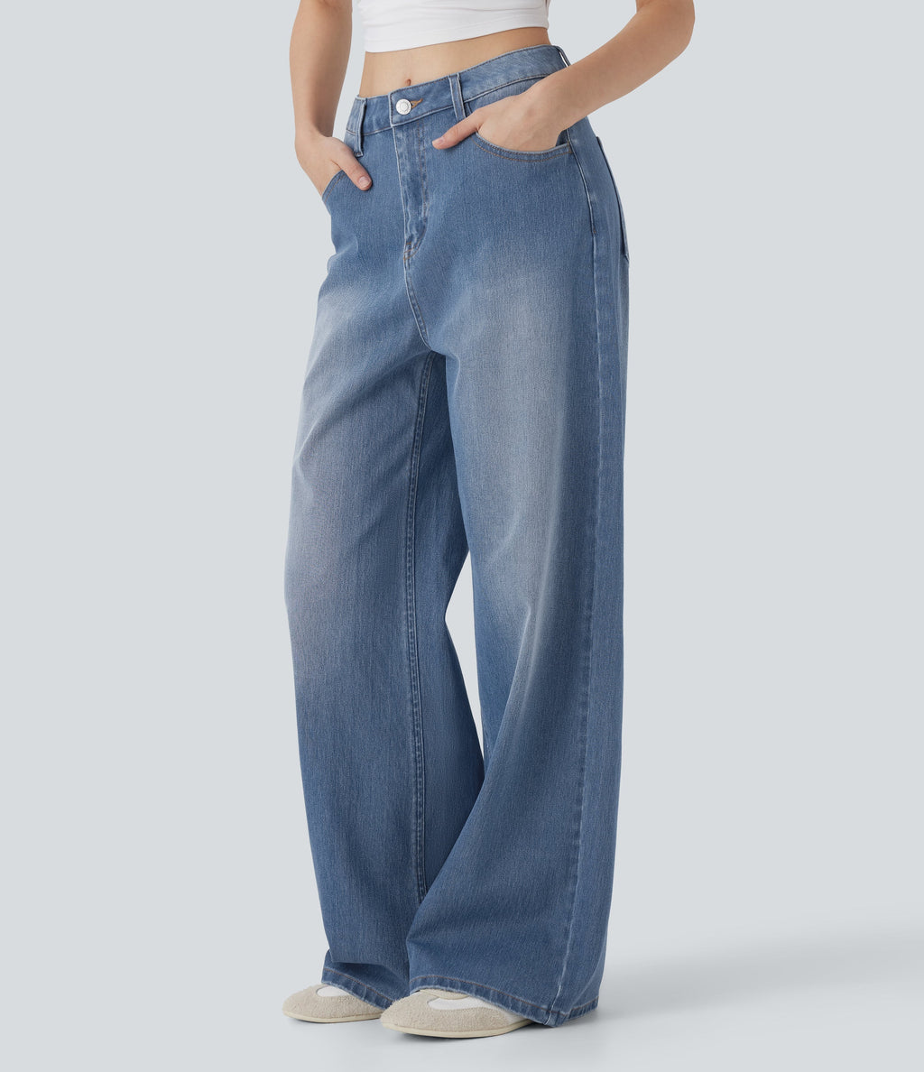 FlexTM Mid Rise Washed Casual Baggy Jeans with Pockets
