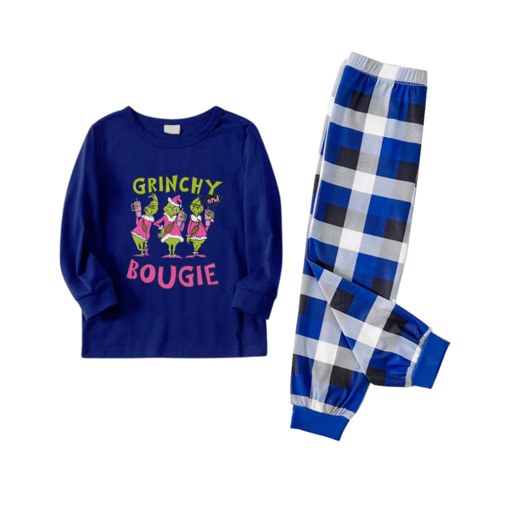 Christmas Family Matching Pajamas-Navy & White Plaid Pjs Set with "Grinchy and Bougie" Print