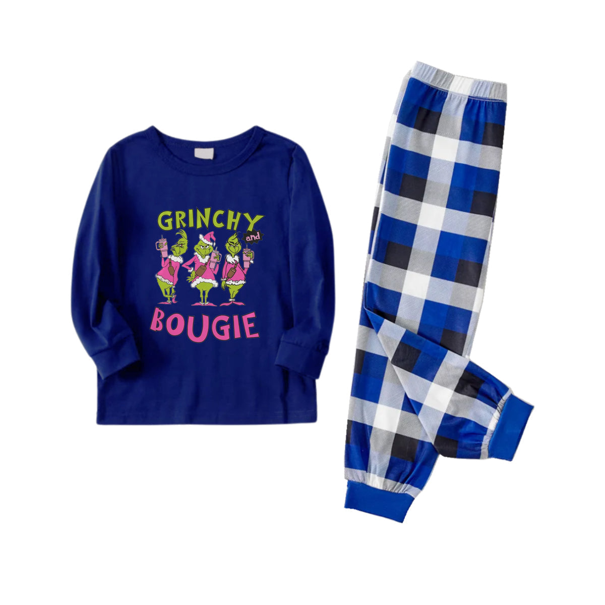 Christmas Family Matching Pajamas-Navy & White Plaid Pjs Set with "Grinchy and Bougie" Print