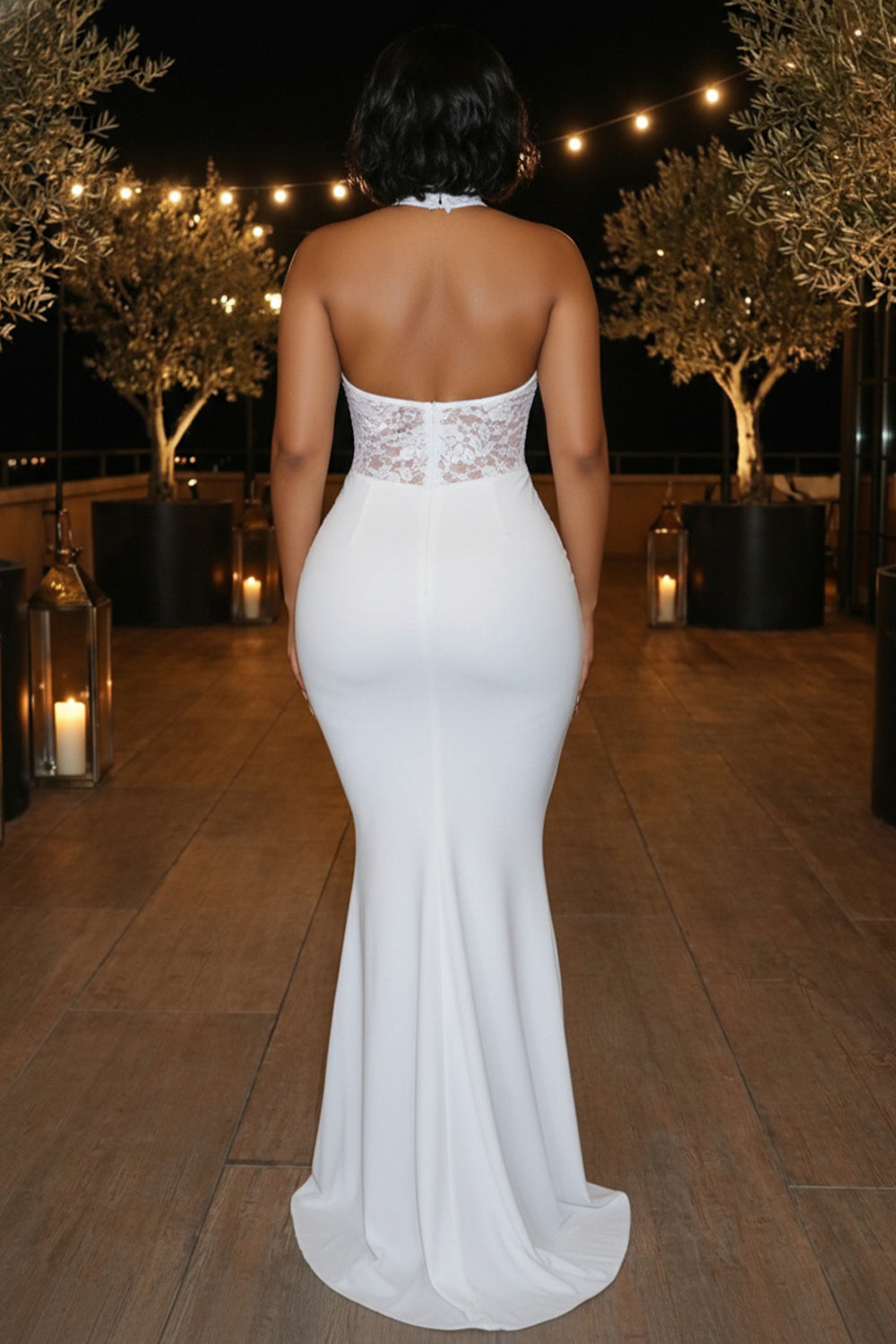Halter Semi-Sheer Lace Patchwork Mermaid Party Maxi Dresses-White