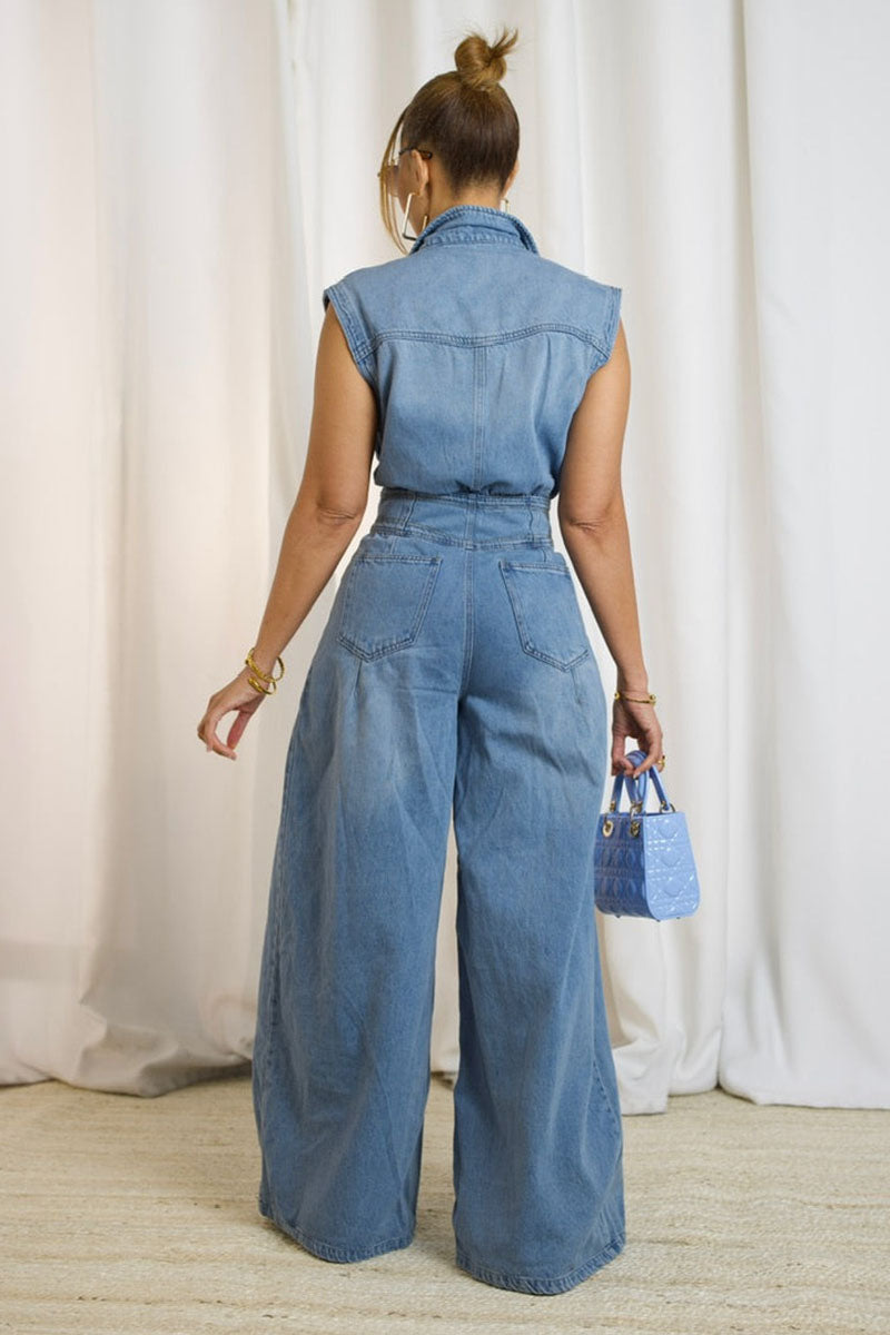 Sleeveless Button Down Pocket Cinch Waist Denim Flare Leg Jumpsuit-Blue