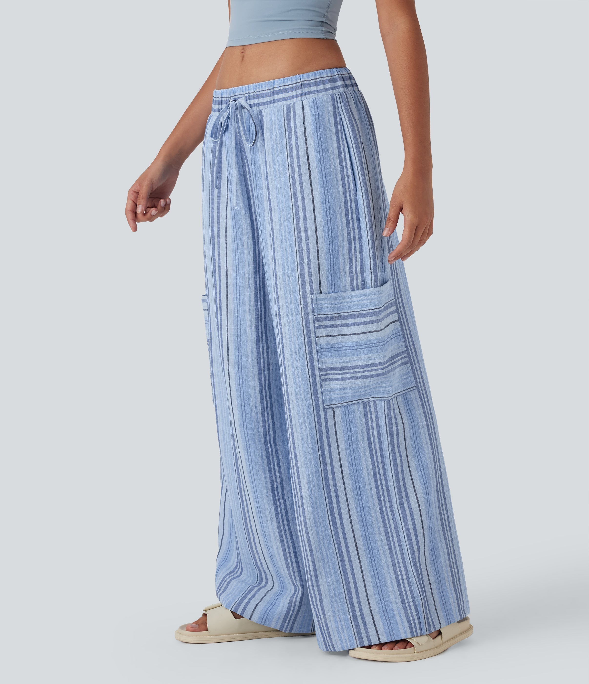Low Rise Drawstring Wide Leg Stripe Casual Linen-Feel Pants with Pockets