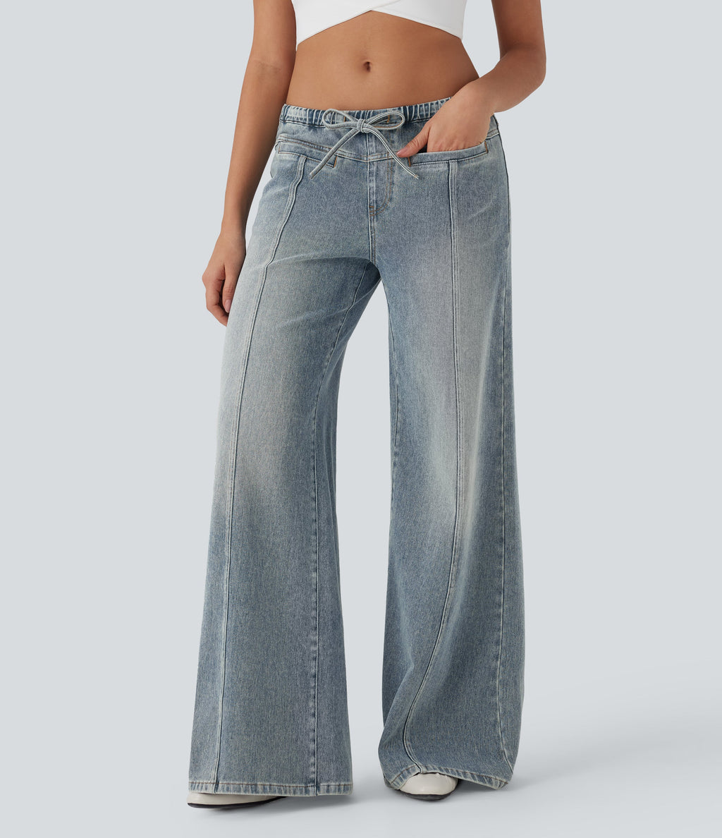 FlexTM Low Rise Drawstring Washed Casual Baggy Jeans with Pockets