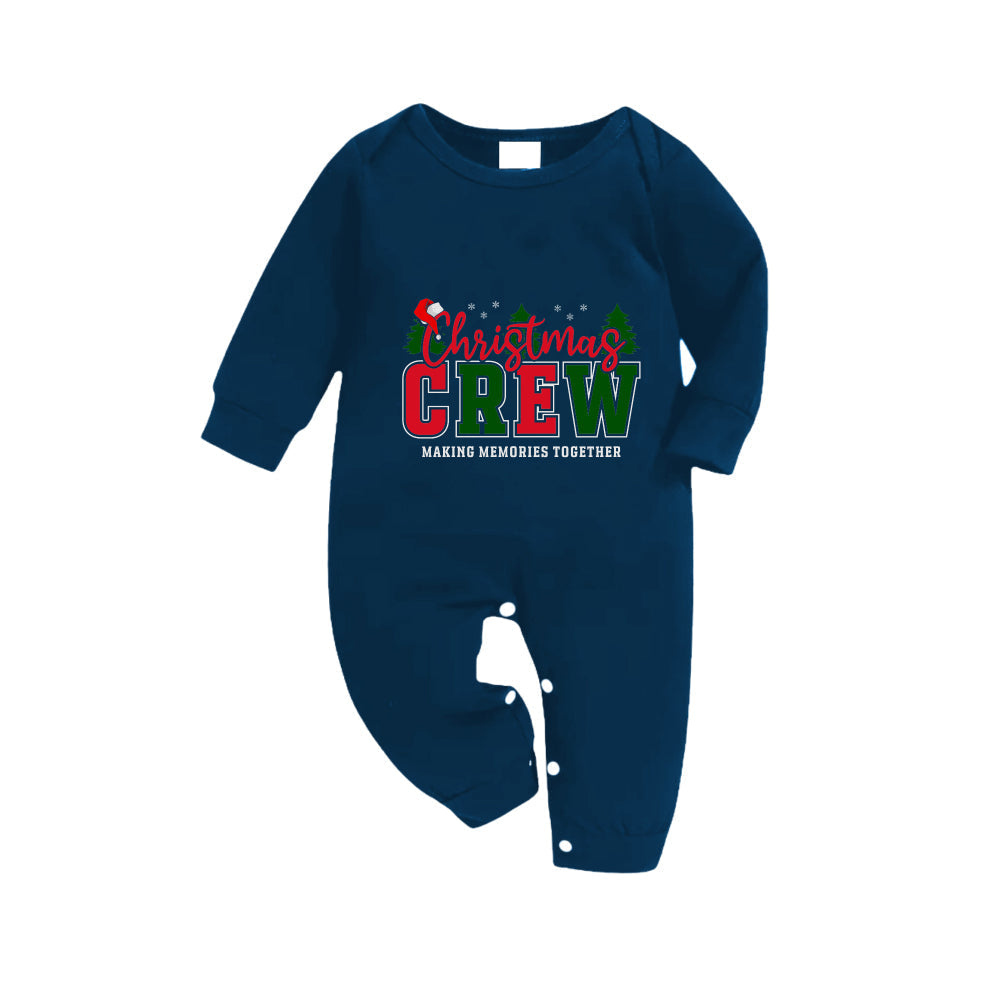 Christmas Family Matching Pajamas-Navy & Sky Blue Plaid Pjs Set with "Christmas Crew Making Memories Together" Slogan Print