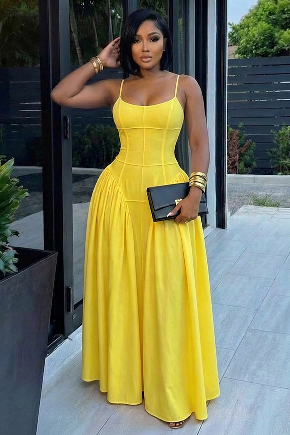 Spaghetti Strap Cinch Waist Solid Color Casual Maxi Dresses-White