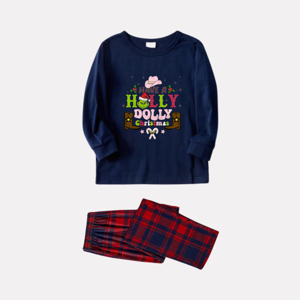 Christmas Family Matching Pajamas-Navy & Red Plaid Pjs Set with Grinch and "Have A Holly Dolly Christmas" Print