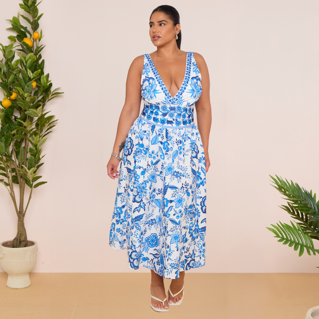 Chic Indigo Botanical Print One-Piece Swimsuit&Skirt