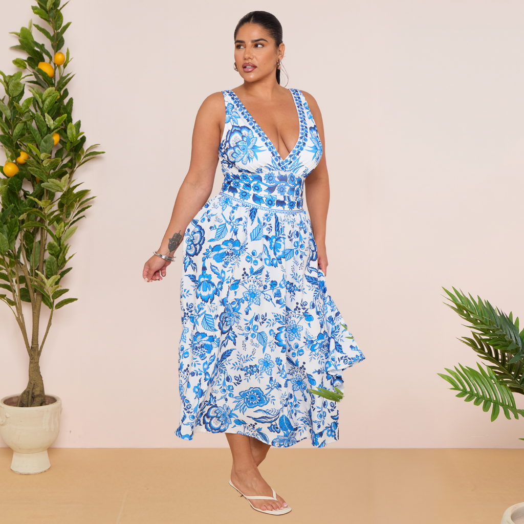 Chic Indigo Botanical Print One-Piece Swimsuit&Skirt