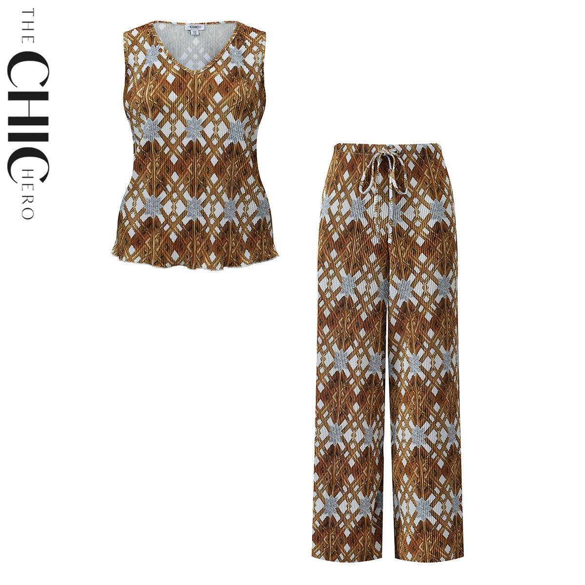 Brown Retro Pattern V-Neck Vest Top & Pleated Pants