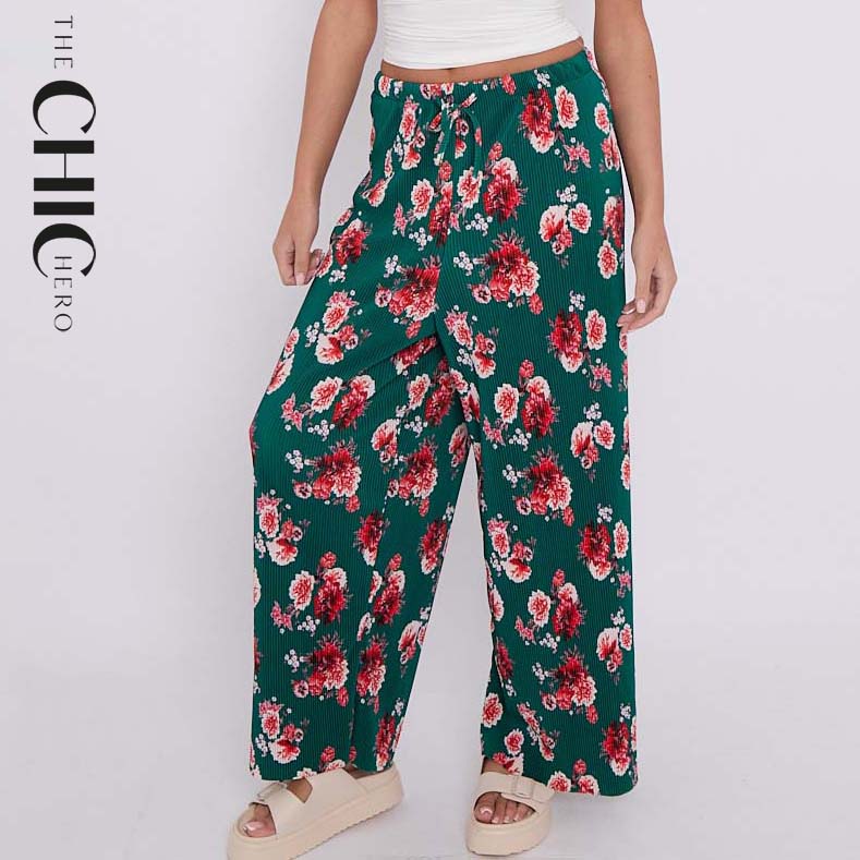Dark Green Flower Print Abstract Wide-Leg Drawstring Palazzo Pleated Pants