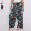 Dark Green Flower Print Abstract Wide-Leg Drawstring Palazzo Pleated Pants