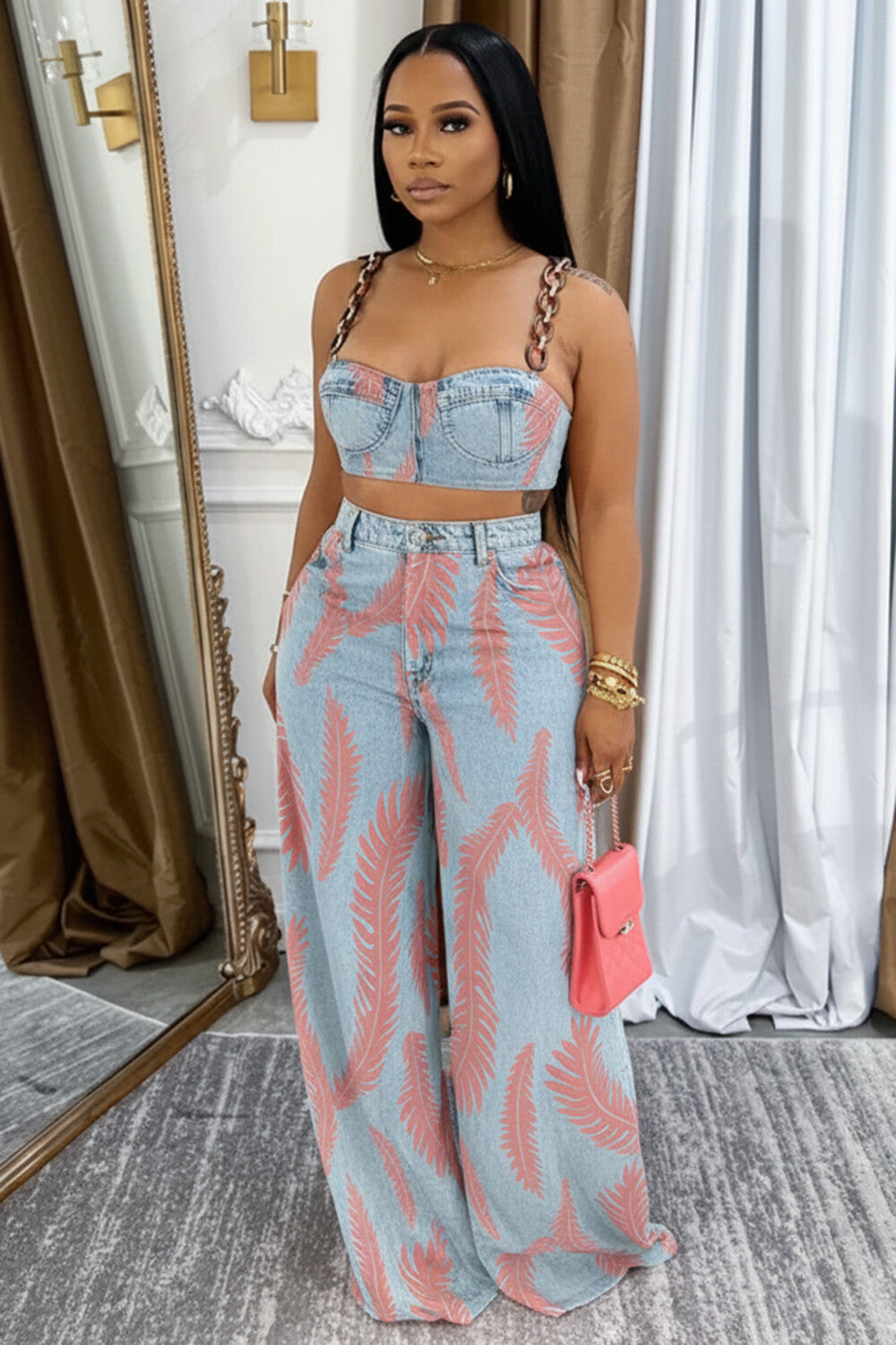 Denim Chain Strap Top Wide Leg Pants Leaf Casual 2pcs Set-Blue