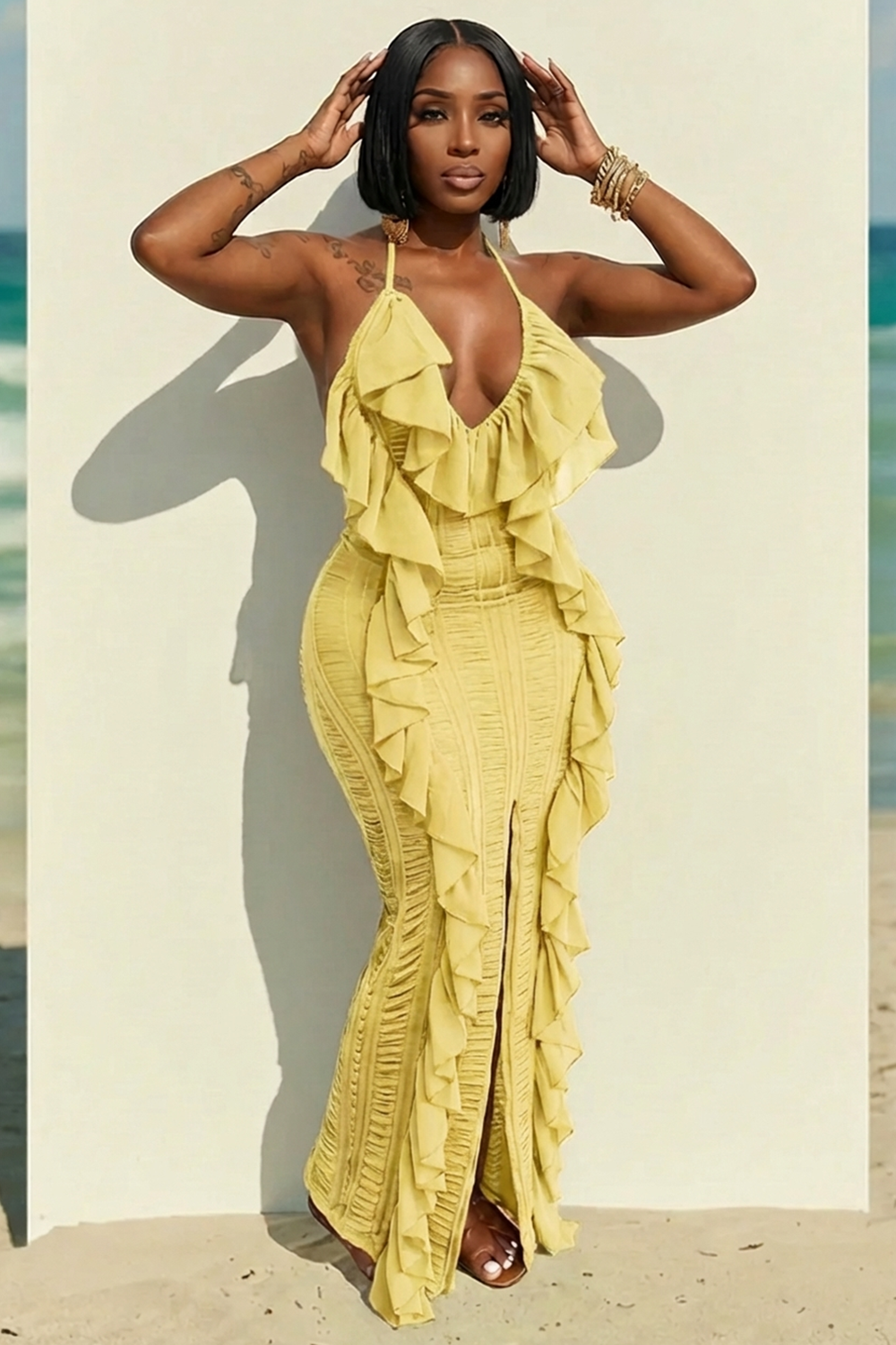 Halter Backless Ruffle Trim Slit Slim Fit Maxi Dresses-Green