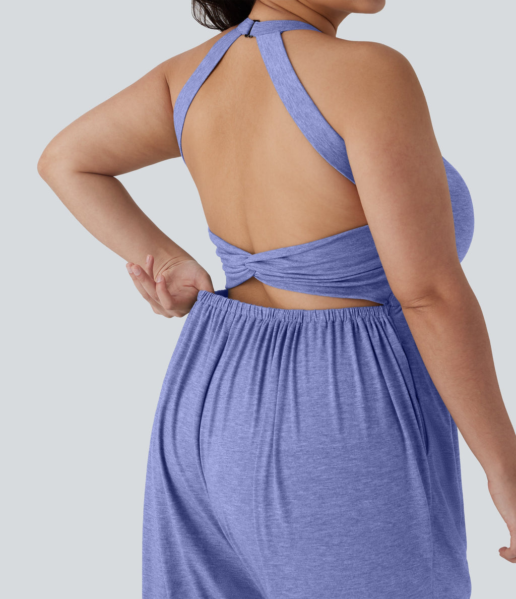 Backless Twisted Harem Casual Plus Size Jumpsuit with Side Pocket-Easy Peezy Edition