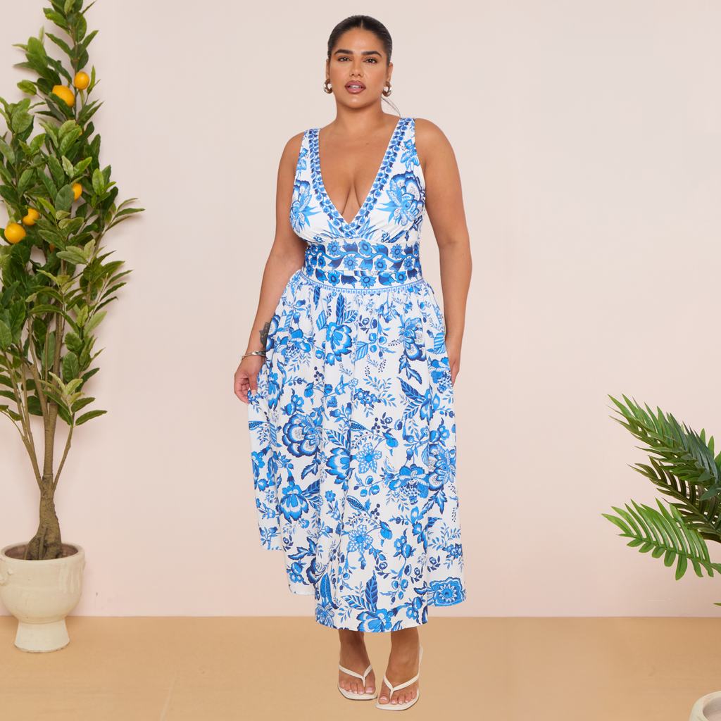 Chic Indigo Botanical Print One-Piece Swimsuit&Skirt