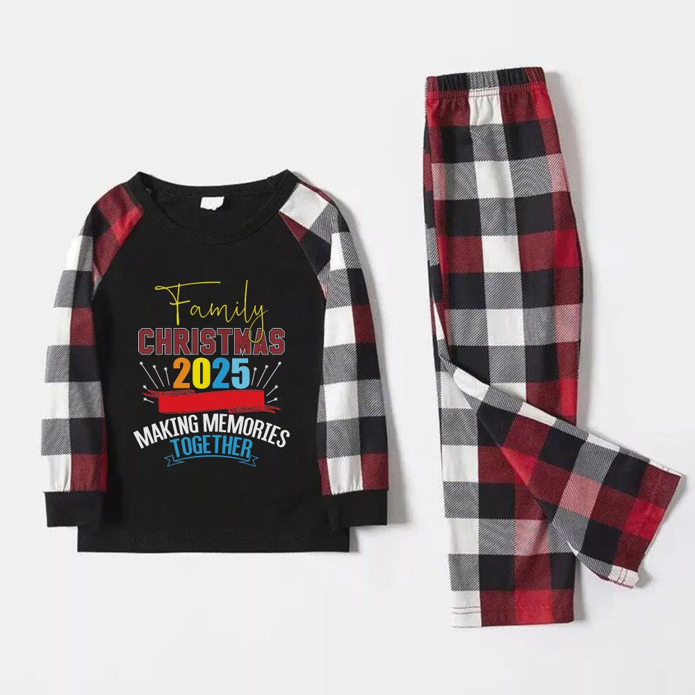 Christmas Family Matching Pajamas-Red and Gray Plaid Pjs set with "Family Christmas 2025 Making Memories Together" Colorful Print