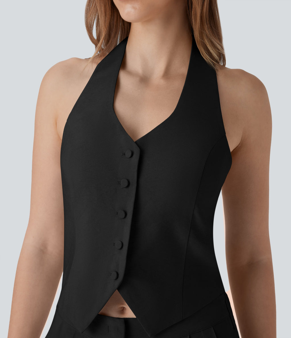 Halter Shirred Wide Leg Work Jumpsuit with Pockets