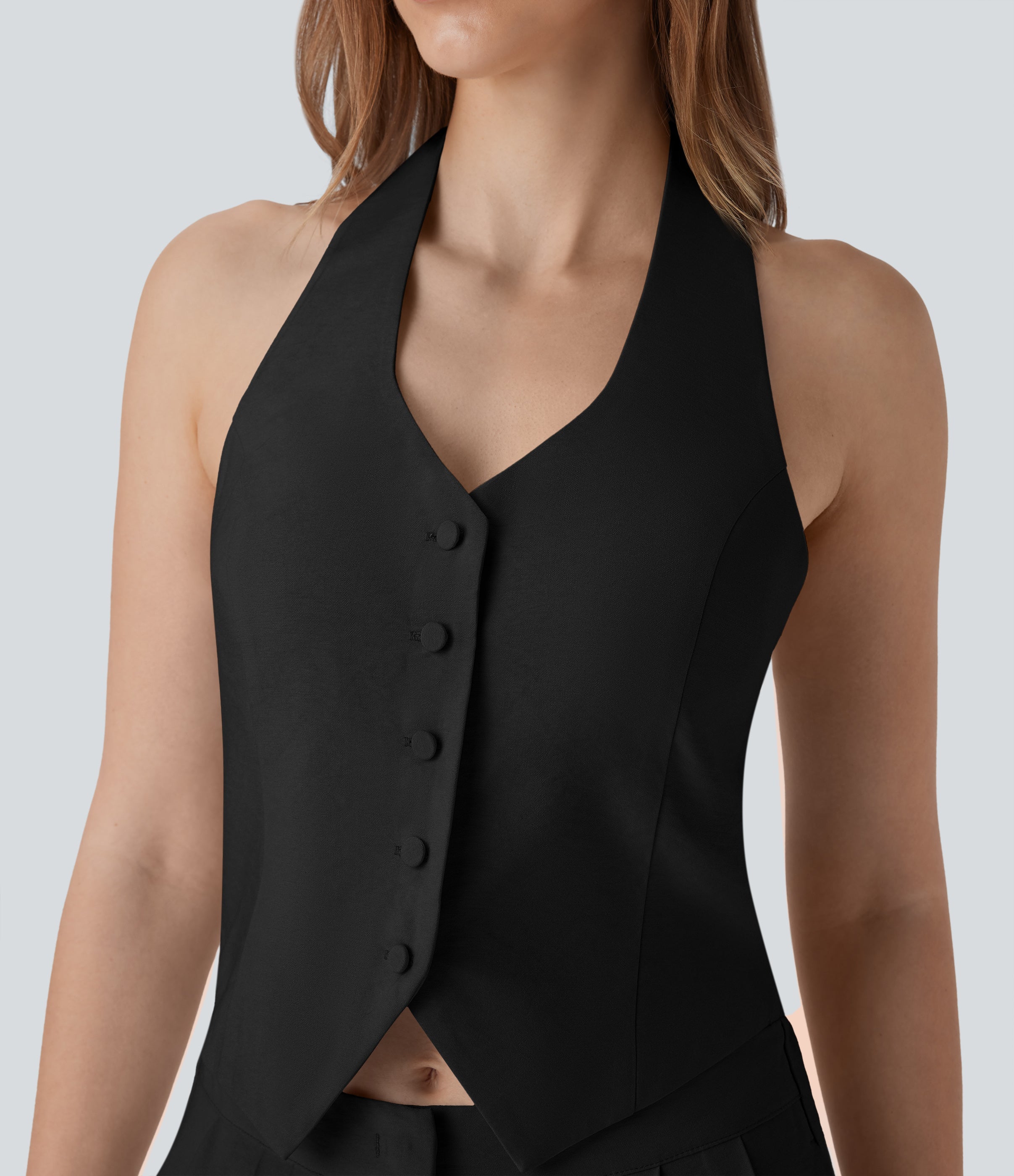 Halter Shirred Wide Leg Work Jumpsuit with Pockets
