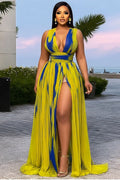 Deep V Neck Cinch Waist Slit Tie Dye Gowns Maxi Dresses-Yellow