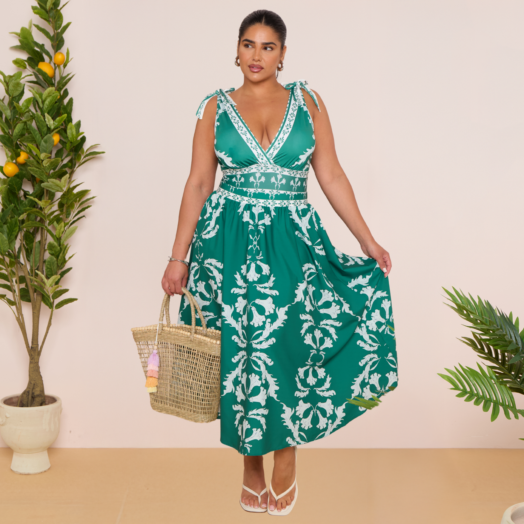 Green Flowy Floral Tie-shoulder Swimsuit&Skirt&Pants