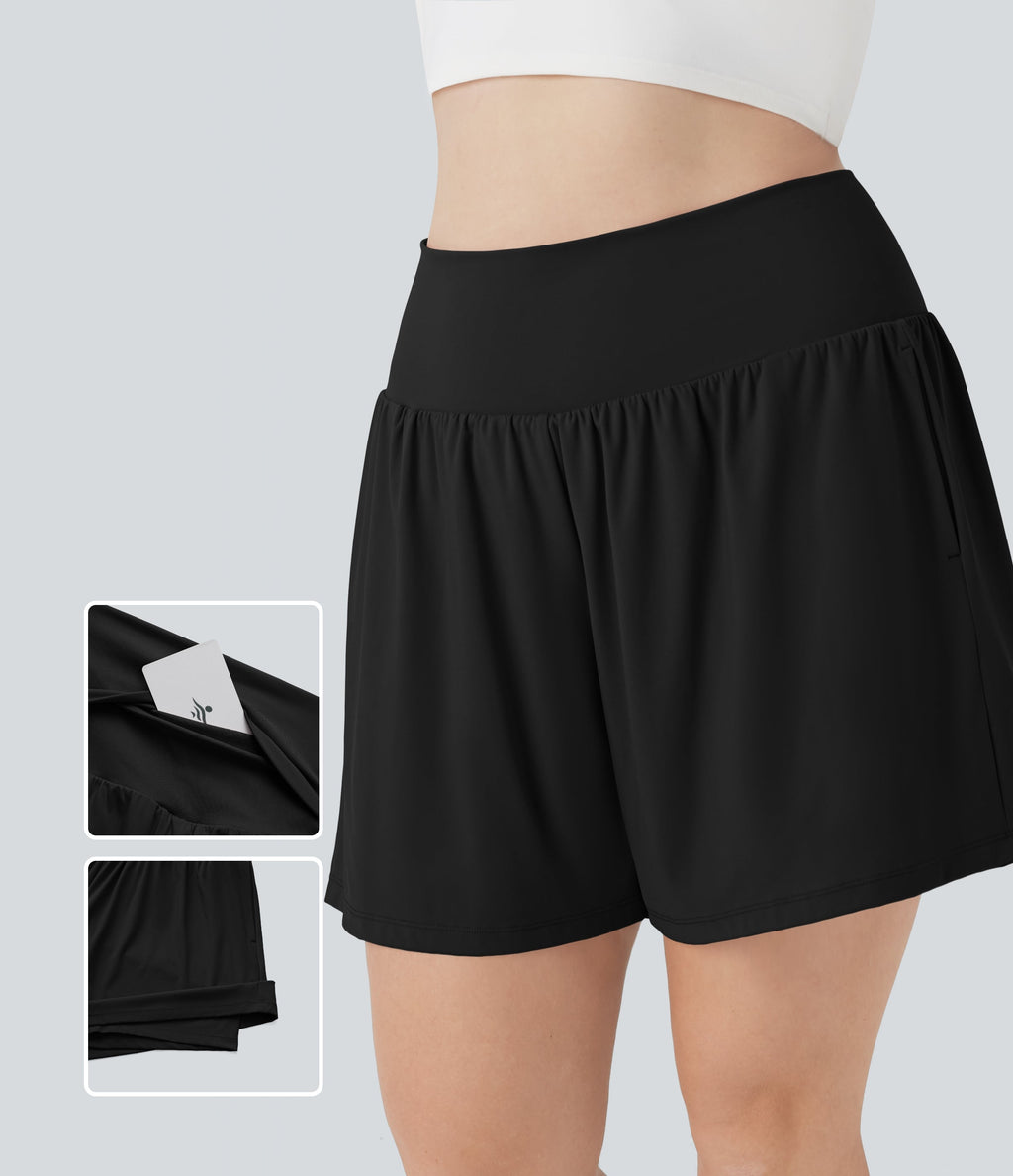 SoftlyZeroTM Airy Super High Waisted 2-in-1 Cool Touch Yoga Plus Size Shorts 7" with Pockets