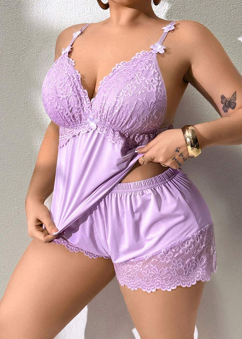 Plus Size Lace Satin Cami Pajama Set – Sexy Two-Piece Sleepwear for Women