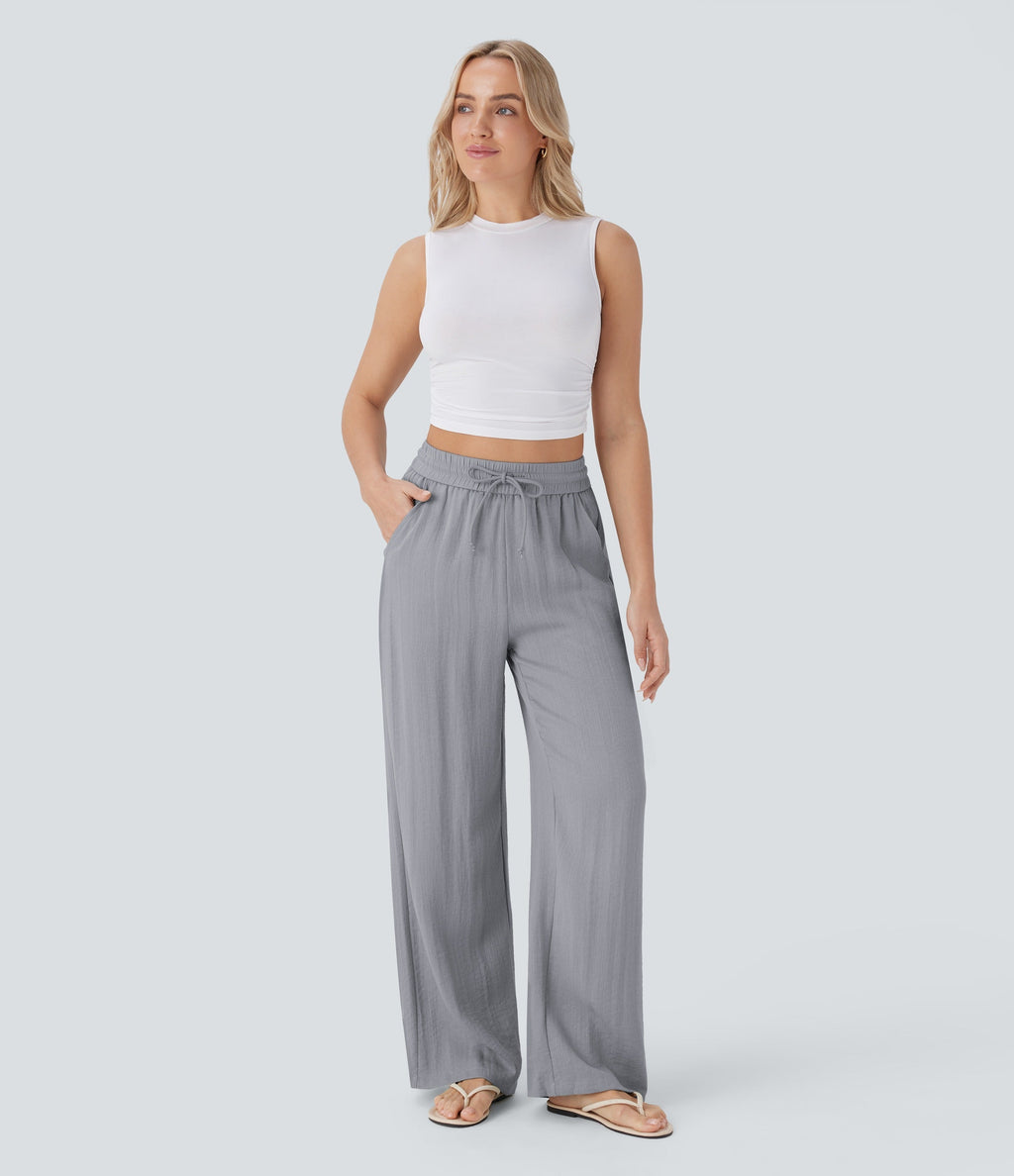 2026🔥 High Waisted Drawstring Pocket Wide Leg Casual Linen-Feel Pants