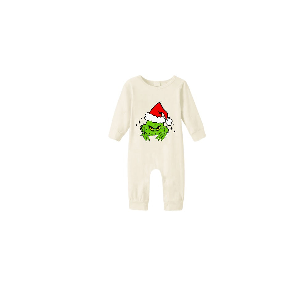 Beige Christmas Pattern Print Christmas Pajamas Set With Cute Grinch Print