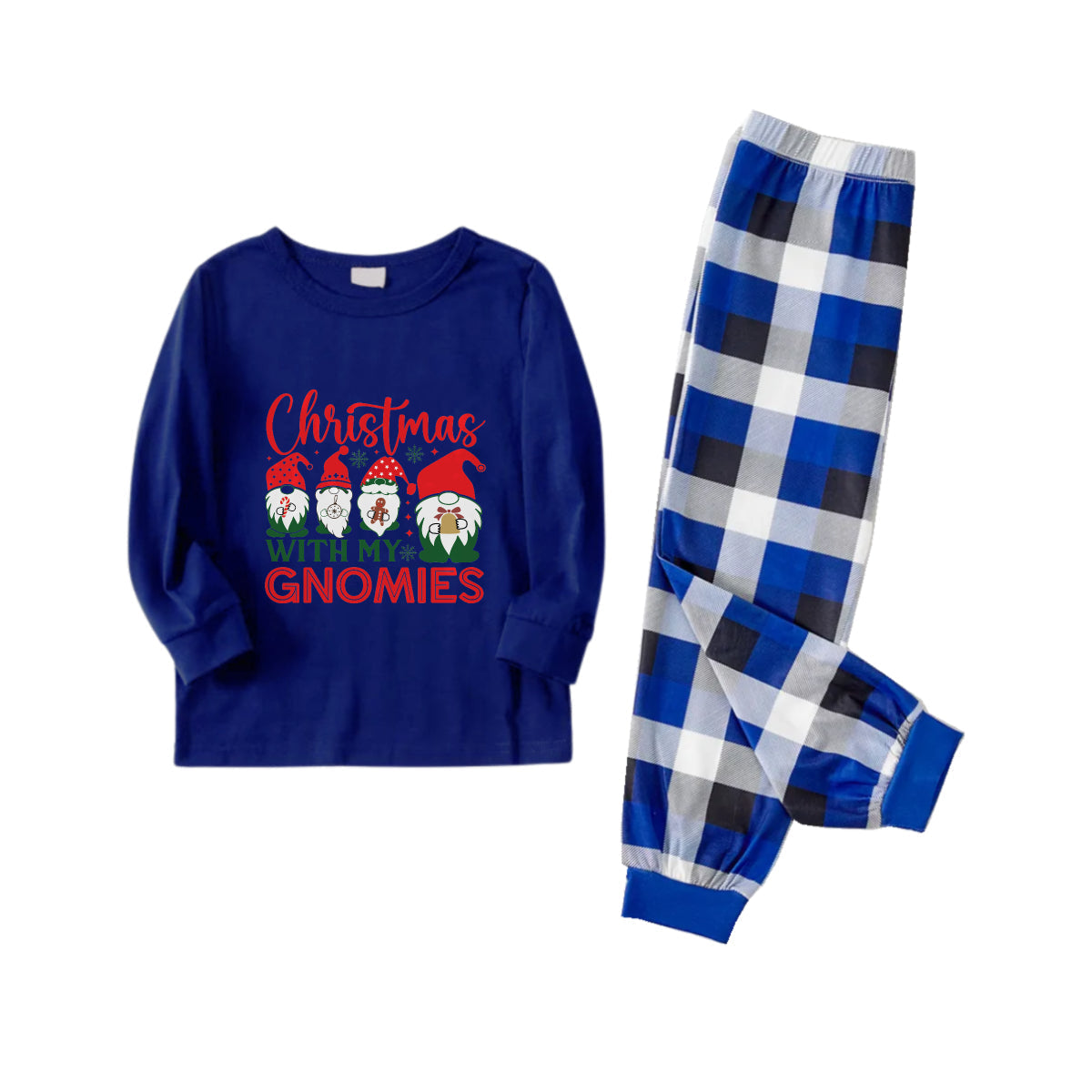 Christmas Family Matching Pajamas-Navy & White Plaid Pjs Set with "Christmas With My Gnomies" Print