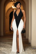 Halter Backless Ruched Fishtail Slit Party Maxi Dresses-White
