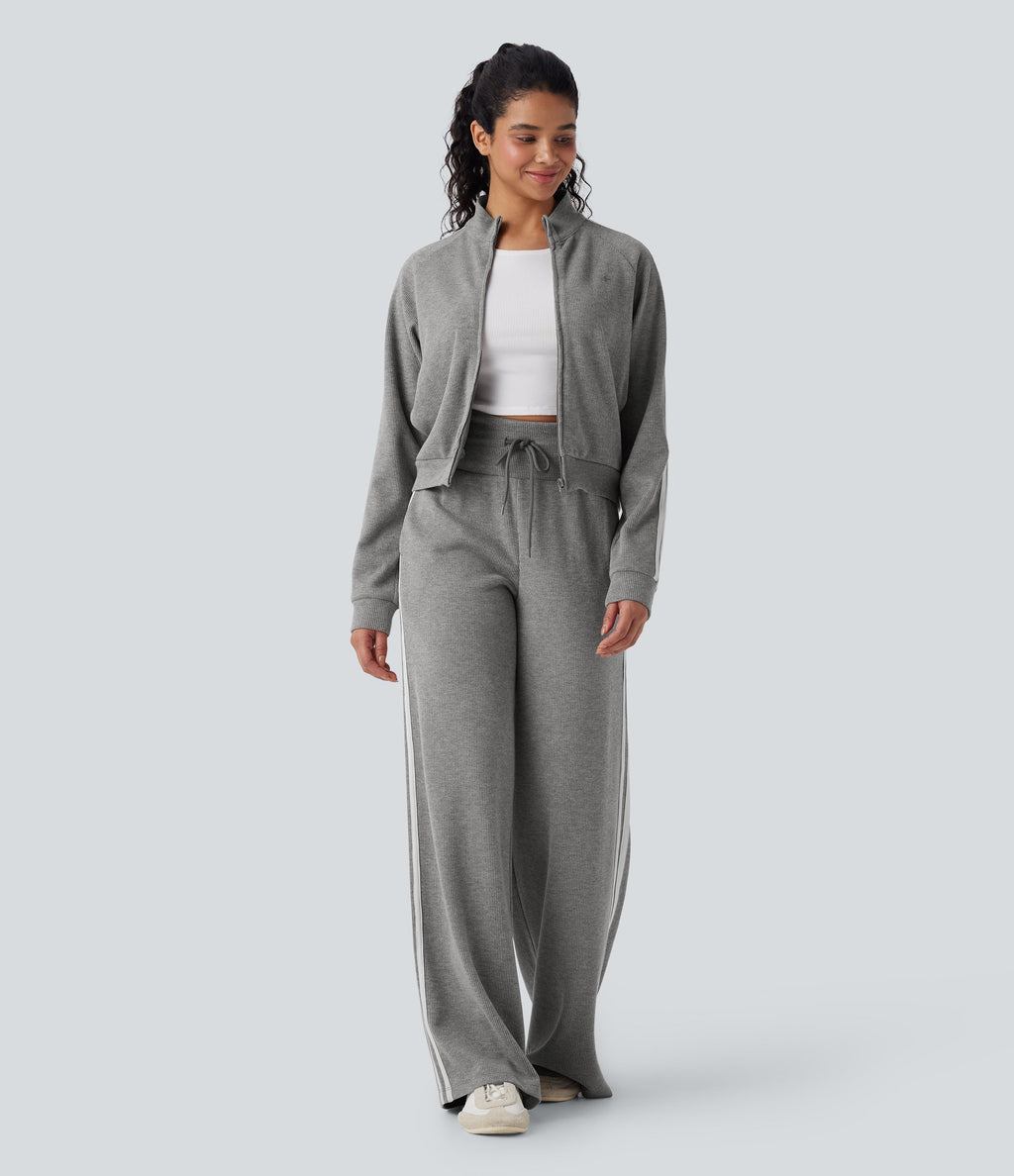 2026🔥 Ribbed SoCinched High Waisted Tummy Control Drawstring Wide Leg Color Block Casual Trousers with Pockets