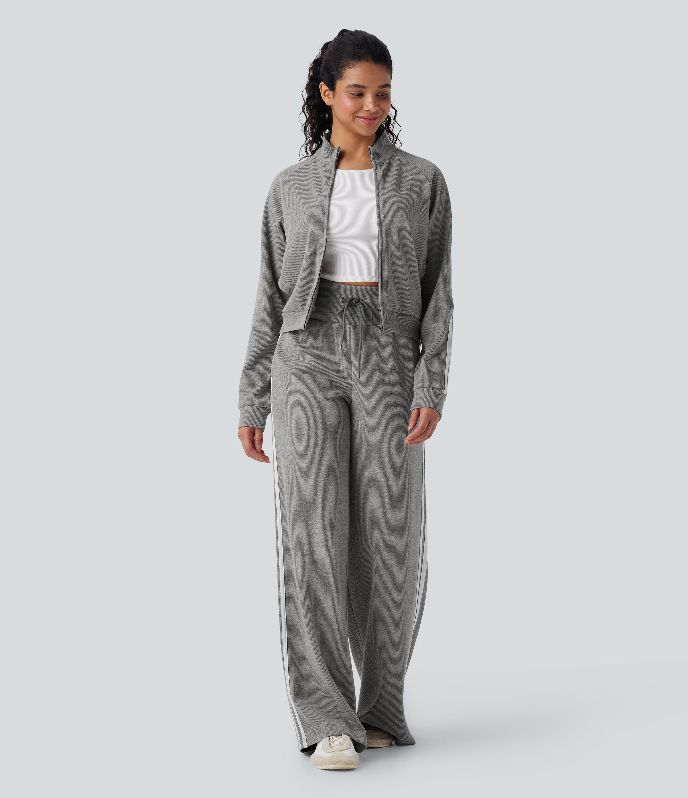 2026🔥 Ribbed SoCinched High Waisted Tummy Control Drawstring Wide Leg Color Block Casual Trousers with Pockets