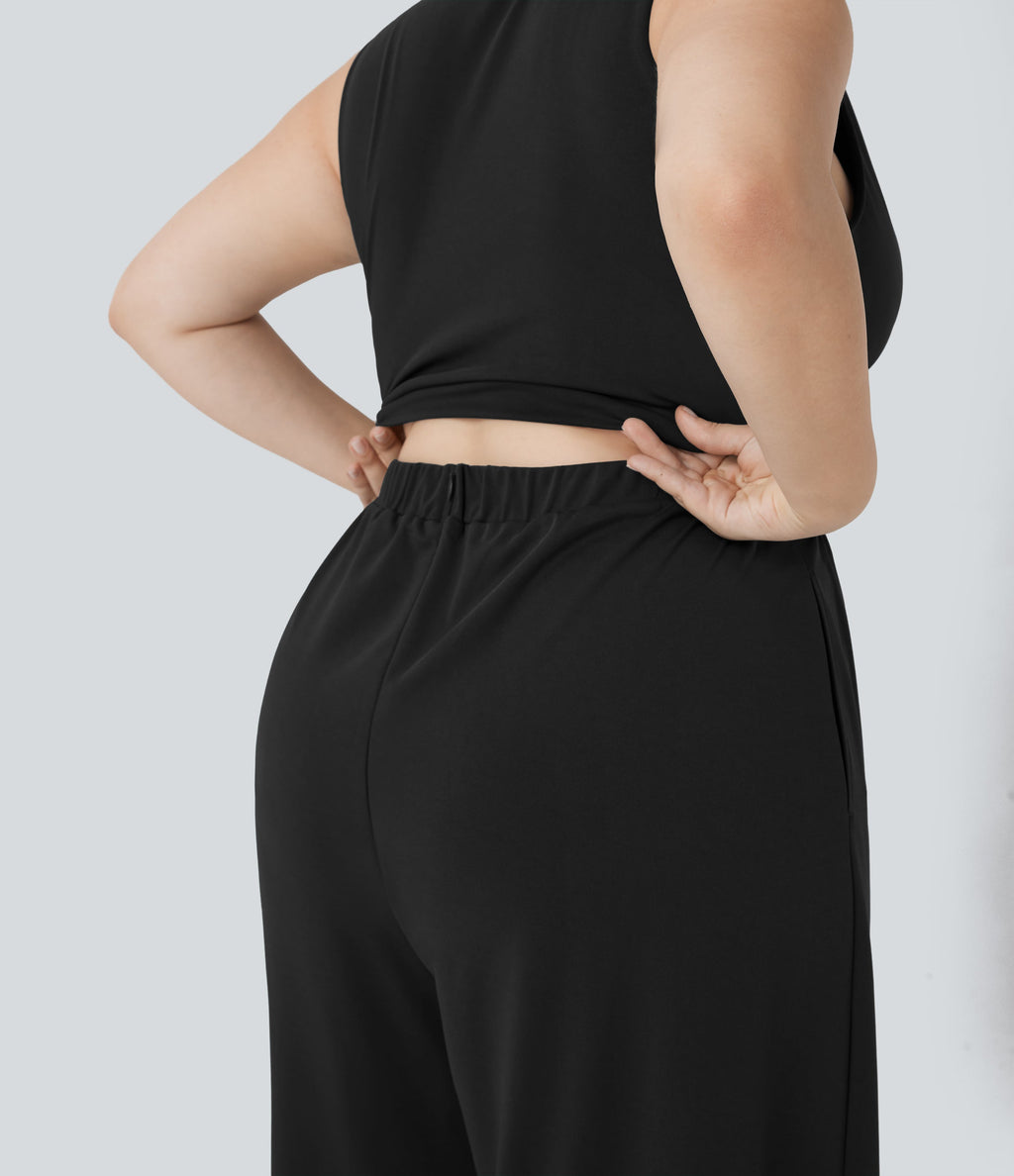 Plus Size V Neck Sleeveless Jumpsuit with Pockets-Easy Peezy Edition