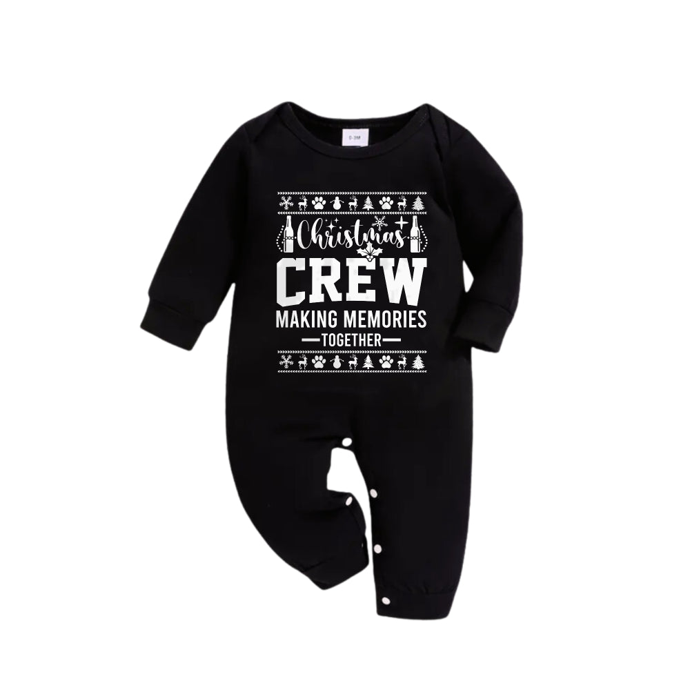 Christmas Family Matching Pajamas-Black Top and Green Plaid Pants Pjs Set with "Christmas Crew" and Christmas Pattern Print