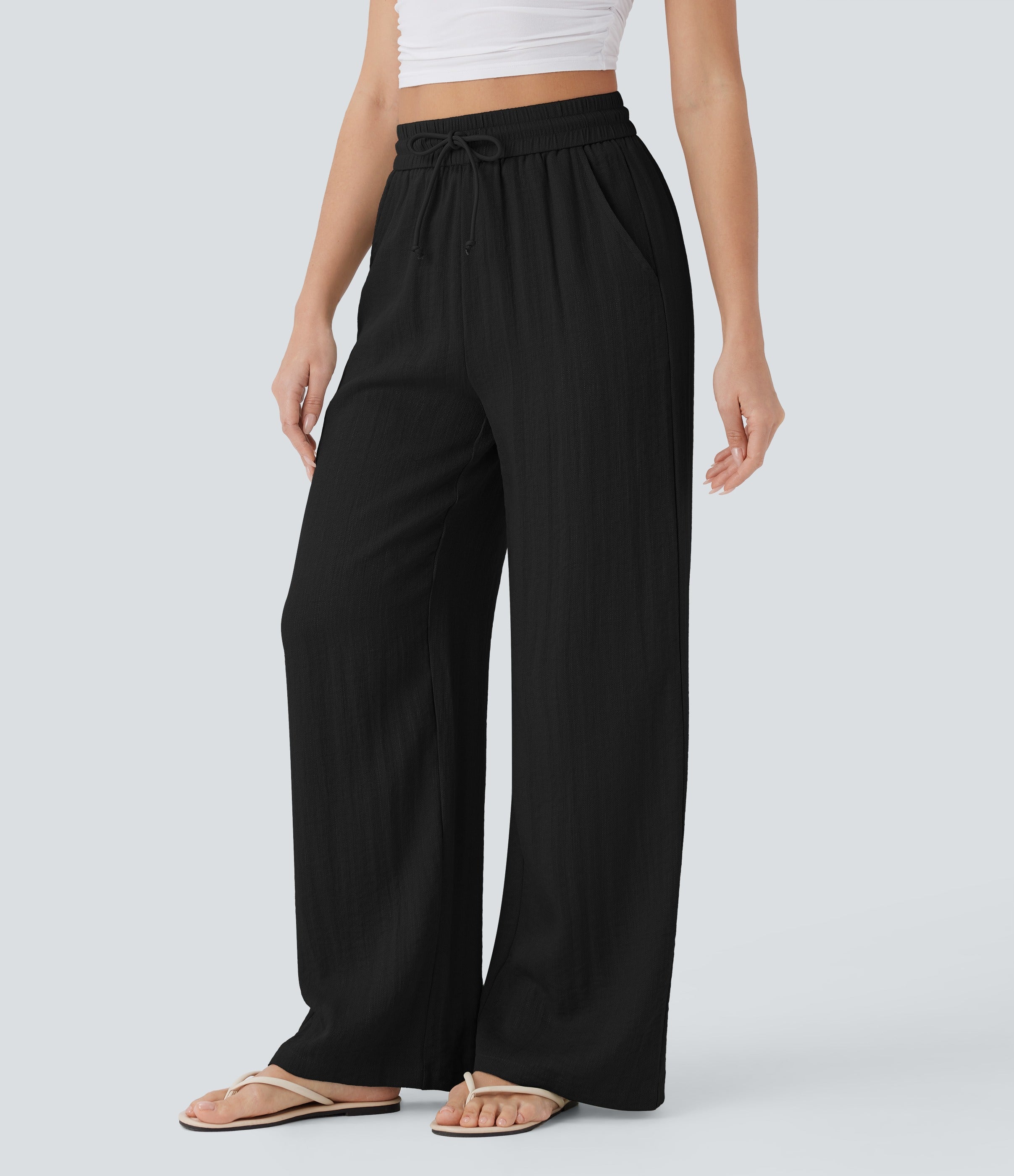 Women Summer High Waisted Drawstring Pocket Wide Leg Casual Linen-Feel Pants
