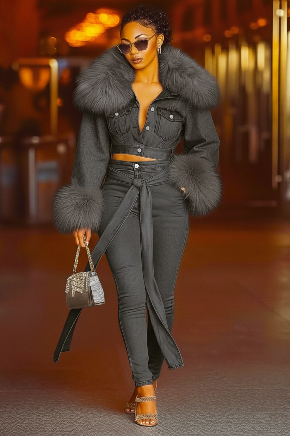 Denim Panel Fuzzy Crop Jacket Sash Leggings Pants 2pcs Set-Blue