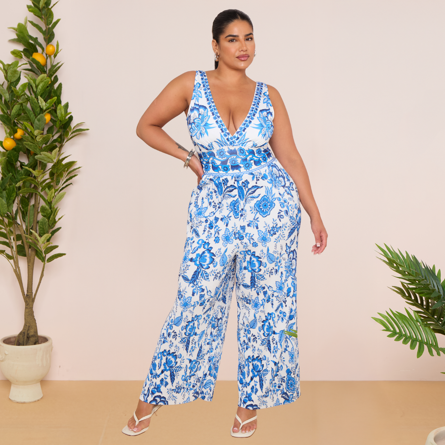 Chic Indigo Botanical Print One-Piece Swimsuit&Pants