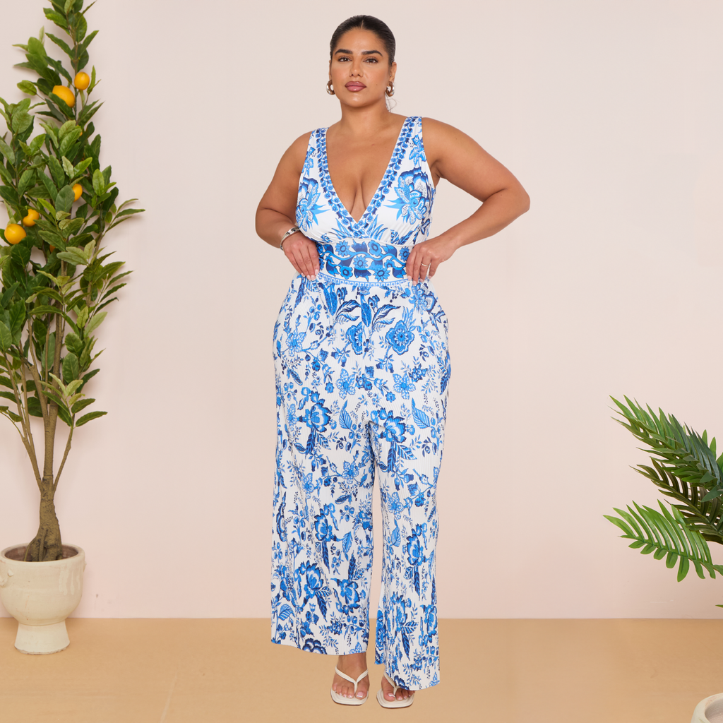 Chic Indigo Botanical Print One-Piece Swimsuit&Pants